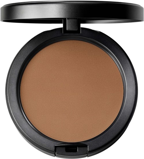 A compact makeup product with brown pressed powder and a black round case lid.