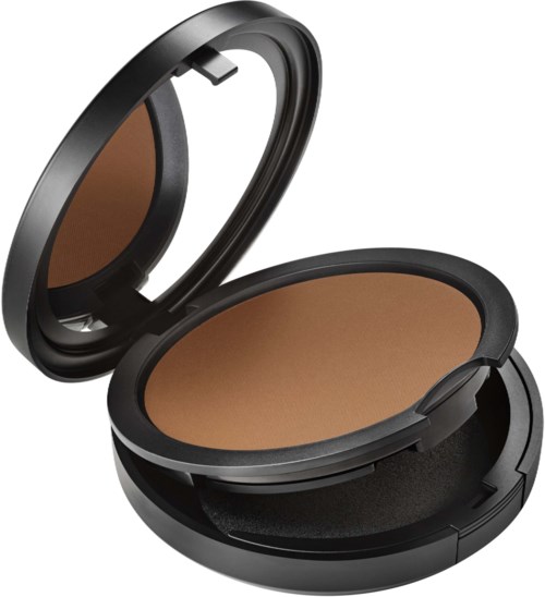 Compact makeup compact with brown powder and mirror inside. Black case with a simple design.