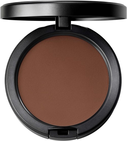 Brown makeup powder in a black round compact with lid open.