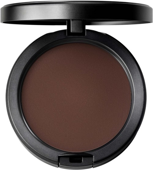 A round brown makeup compact with a black outer case and a hinged lid.