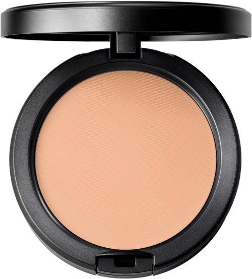 A compact with beige powder inside, black lid open, designed for makeup application.