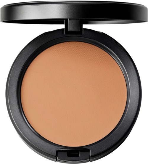 A round makeup compact with a black lid, containing beige pressed powder for face use.