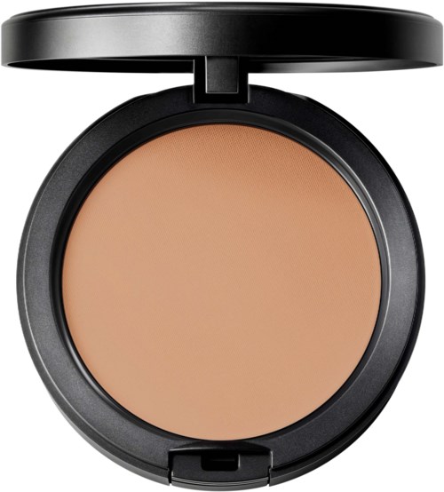 A compact powder case with a mirror, showing beige pressed powder inside.