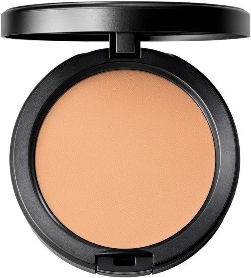 A compact black makeup case open, showing beige pressed powder inside. No brush included.