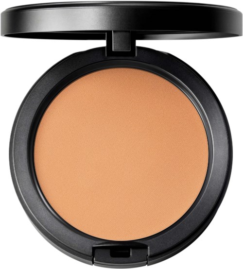 A compact makeup product, round with beige powder, and a black case with a stay-open lid.