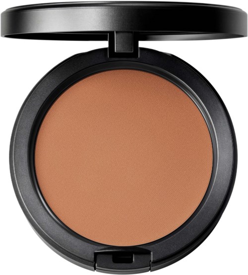A round compact with a pressed powder inside, black casing, and a flip-open lid.