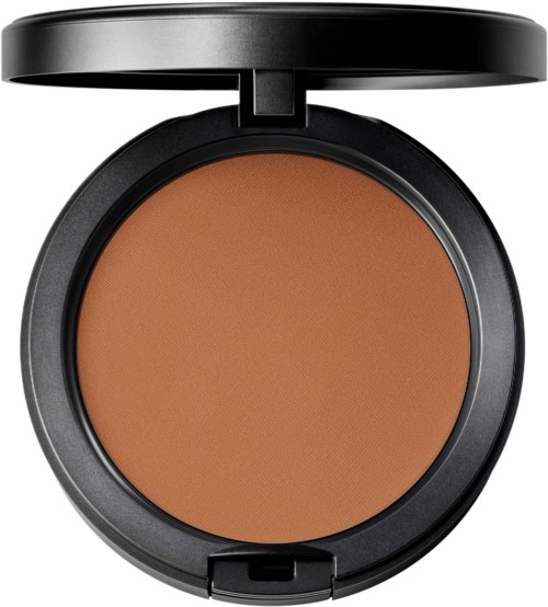A round compact with a brown makeup powder inside and a black lid open, showing the powder surface.