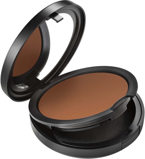 A compact makeup mirror with a dark casing and a brownish powder inside for cosmetic use.