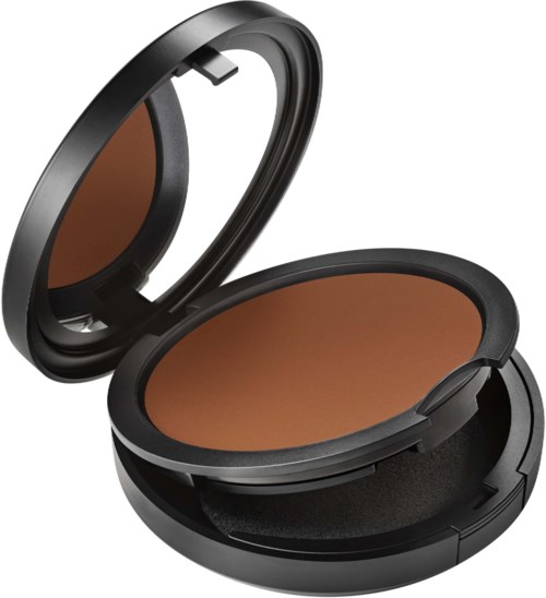 A compact makeup mirror and baked powder blush with a black case. The mirror is open, showing the brown powder inside.