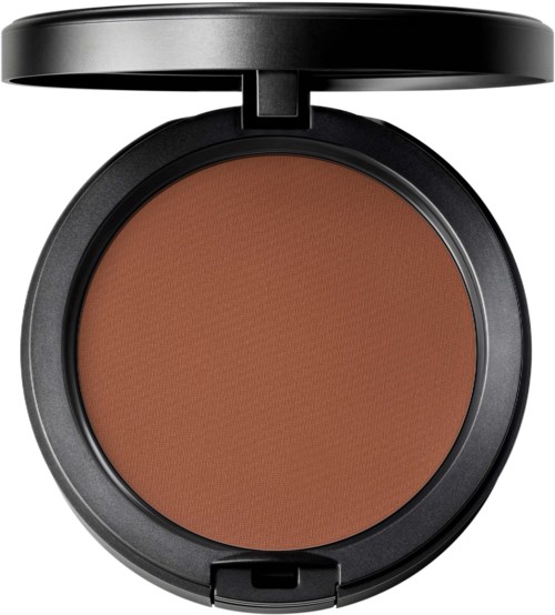 A round makeup compact with brown powder and a black lid and casing.
