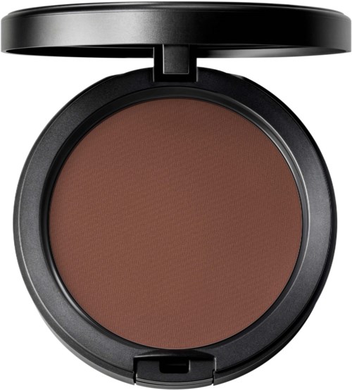 A round makeup compact with brown powder inside and a black lid that flips open.