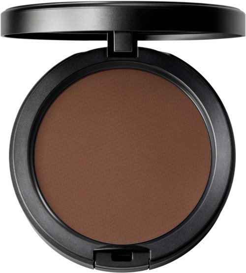 A brown pressed powder in a round black compact with a flip-up lid.