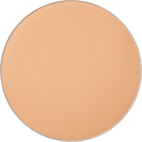 En beige pressad puder-para med en slät yta och en silverkant.