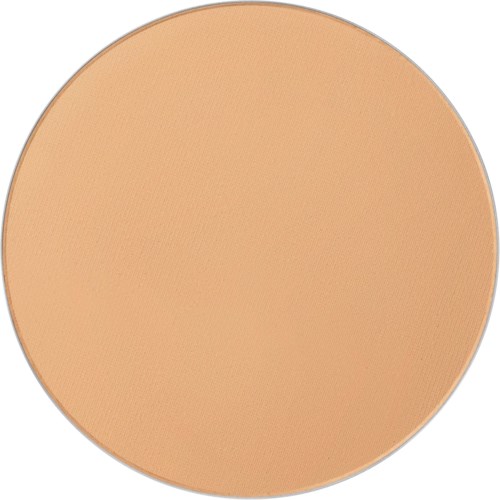 A round, flat, beige makeup powder compact with a textured surface.