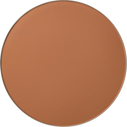 A round, brown makeup powder compact with a textured surface.