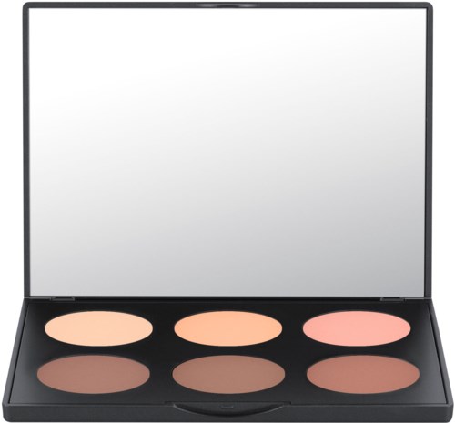 Een make-up palette met zes verschillende kleuren en een grote spiegel binnenin deksel.