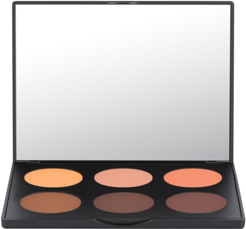 Een make-up palette met zes tinten bruin, perzik en roze in een zwarte doos met spiegel.