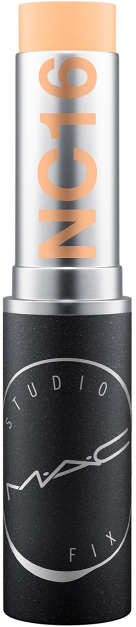 Ein Make-up-Stift mit pfirsichfarbiger Kappe und schwarzem Boden, beschriftet mit MAC Studio Fix und einem großen N6. Der Stift ist teilweise herausgezogen.