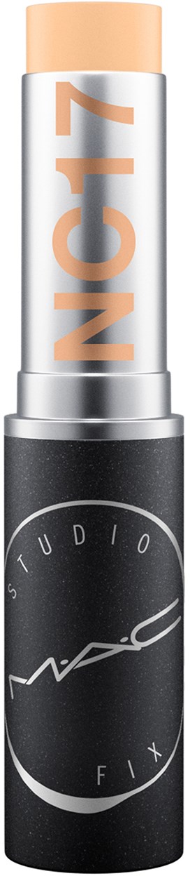 Ein MAC-Lippenstift mit schwarzem Boden, silbernem oberen Teil und der Aufschrift NCI?7 in Pfirsichfarbe.
