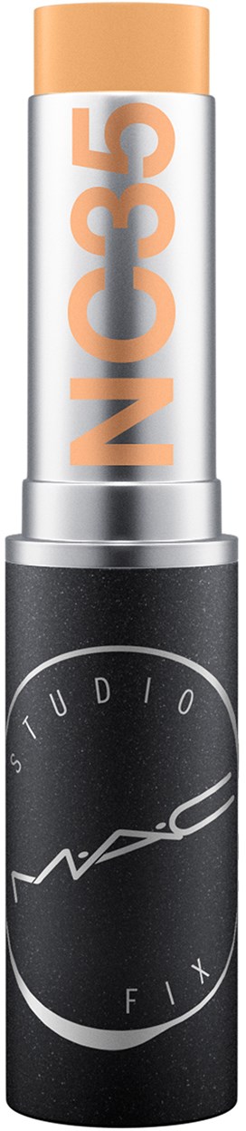 Ein MAC Studio Fix NC35 Concealer mit beigem Deckel und schwarzem Behälter.

