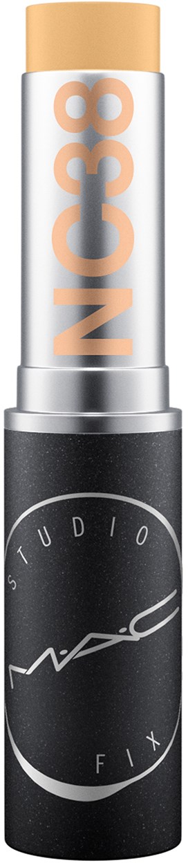 Ein Make-up-Stick mit beiger Spitze, silberner Mitte und schwarzem Boden, zeigt MAC Studio Fix NC38 Text.