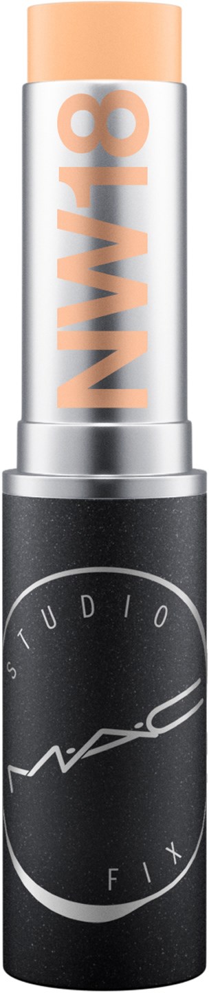 Ein MAC Studio Fix-Stick mit beiger Nuance, silbernem und schwarzem Gehäuse, orange Schrift 'NW18'.