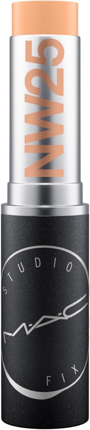 Ein MAC Studio Fix Make-up-Stick mit beiger Kappe und schwarzem Körper, mit weißem Text und Logo.
