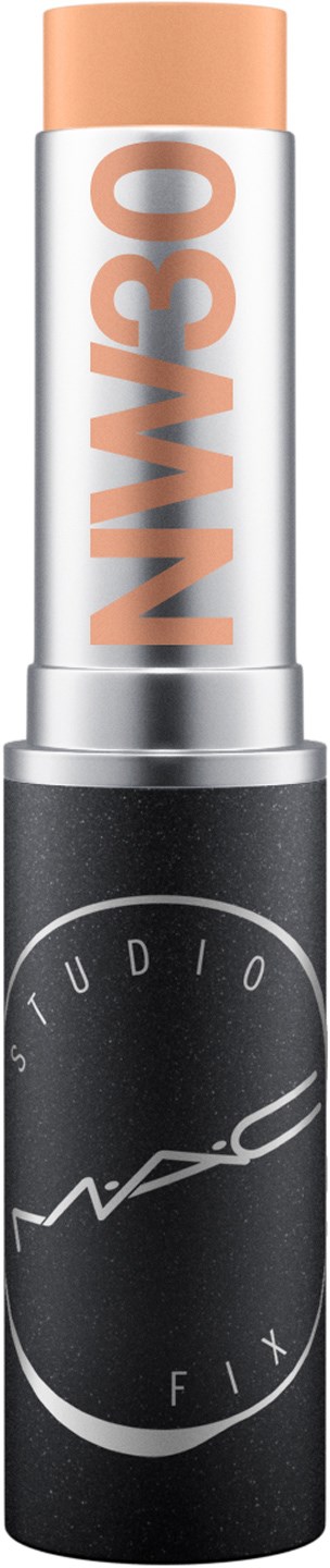 Ein MAC Studio Fix Concealer-Stick mit schwarzer und silberner Verpackung und beiger Kappe.