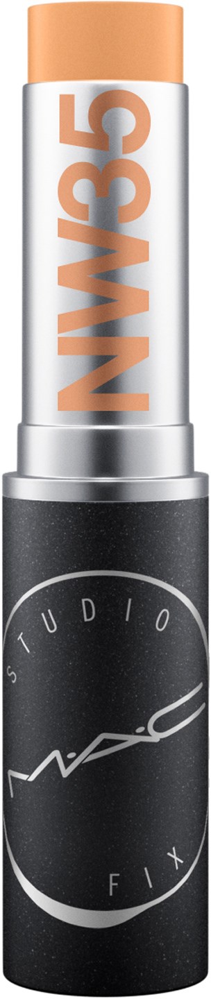 Ein MAC Studio Fix-Stift mit beigem Deckel und schwarzem Körper mit weißem Logo und Text.