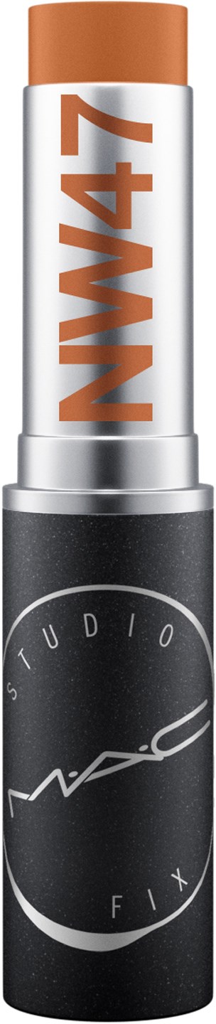 Ein Lippenstift mit weißer und schwarzer Hülse, großer oranger Text und braunem Deckel.