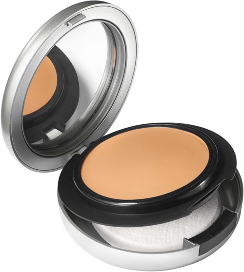 A compact powder case with an open lid, showing the beige pressed powder inside and a sponge applicator.