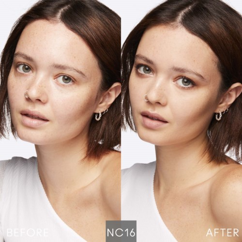 A woman with clear skin shows before and after skin improvement, looking more even-toned and flawless in the after photo.