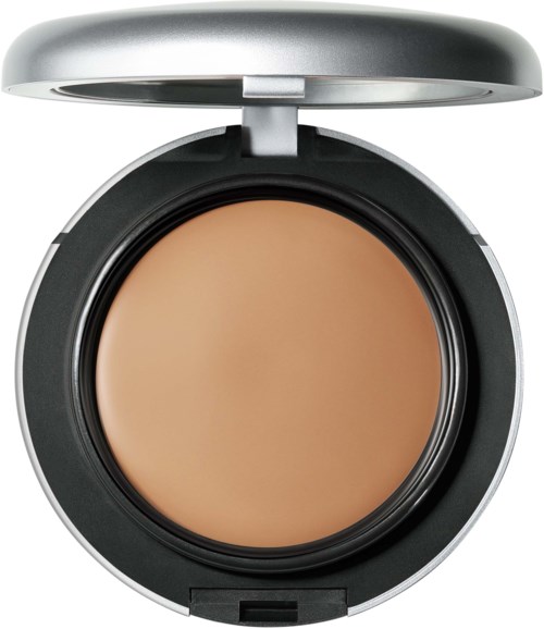 En liten makeup-pudderbeholder med lokk, inneholder beige pudder.