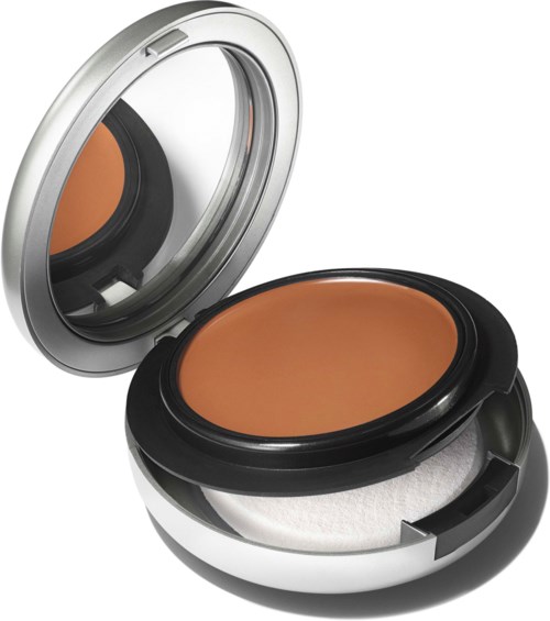 En kompakt sminkspeil med en baket bronzer eller blush inni, åpen for å vise produktet og speilet.