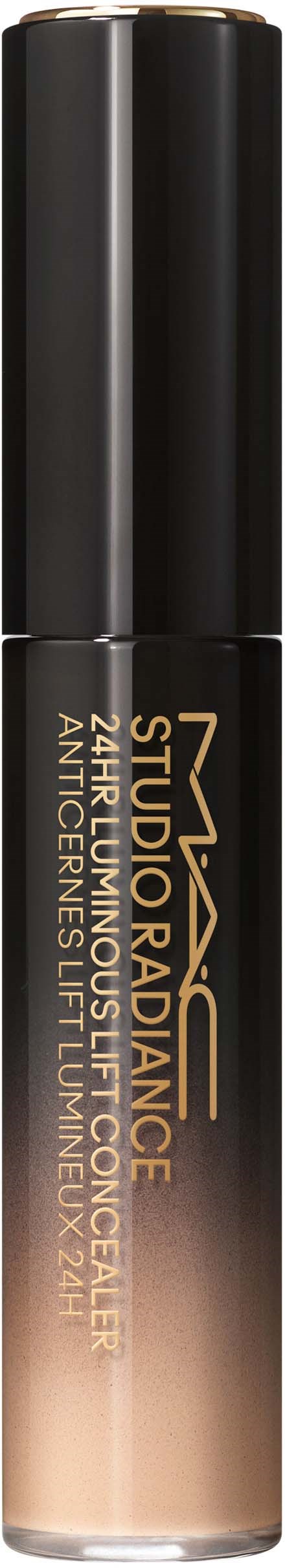 Een zwart cilindervormige fles met gouden en beige tekst die een foundation adverteert.