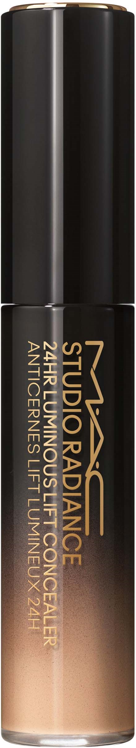 Een zwart flesje met een beige en gouden label, staand rechtop, mogelijk een cosmetisch of huidverzorgingsproduct.