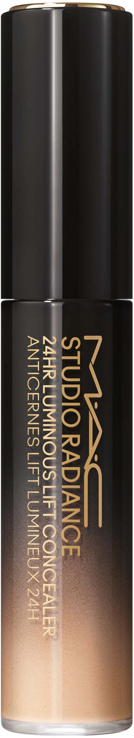 Een make-up product in een lange zwarte container, gemarkeerd met goud en wit tekst over dekking en stralende finish.