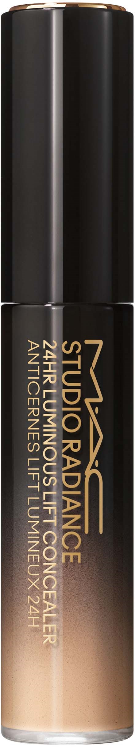 Een buisvormige fles met MAC Studio Radiance foundation in beige en zwarte dop.