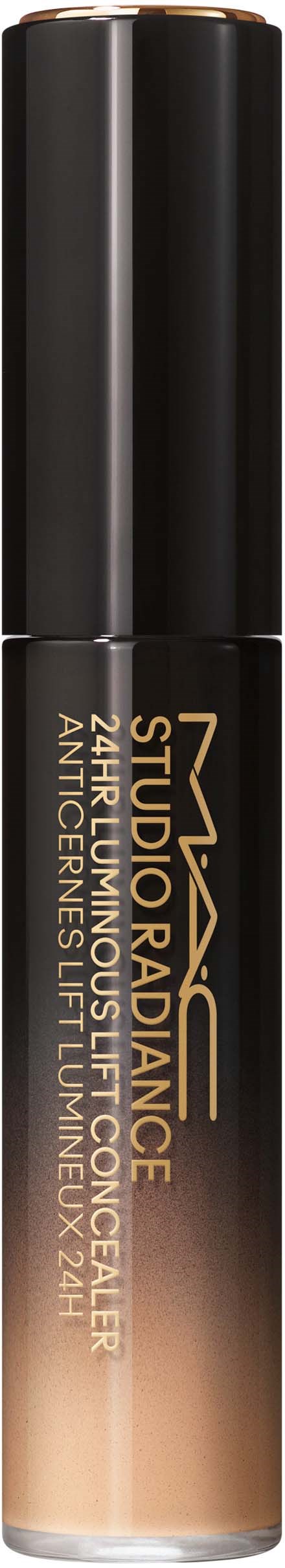 Een zwarte en beige cilindervormige fles met MAC Studio Radiance Foundation tekst.
