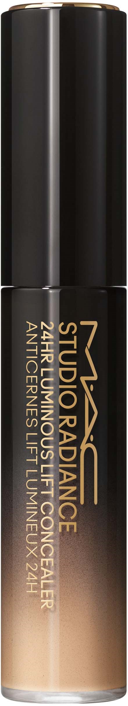 Een beige en zwarte fles MAC Studio Radiance Face Primer met gouden tekst en zwarte dop.