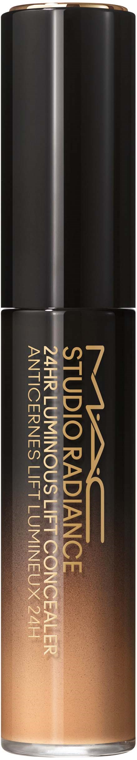 Een cilindervormige fles met MAC Studio Radiance foundation, zwart deksel en beige vloeistof.