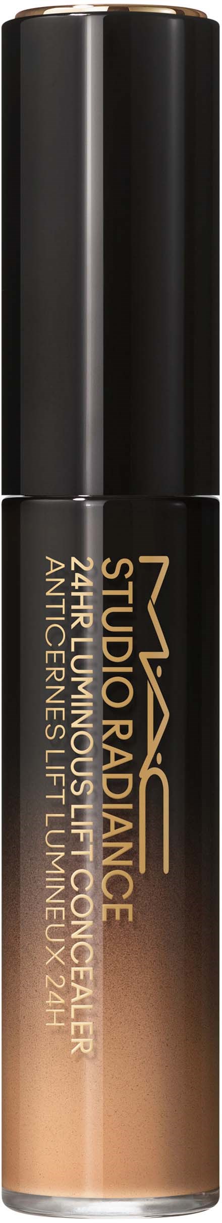 Een tube NYX Studio Radiance foundation, zwarte dop, met gouden en beige tekst op de fles.