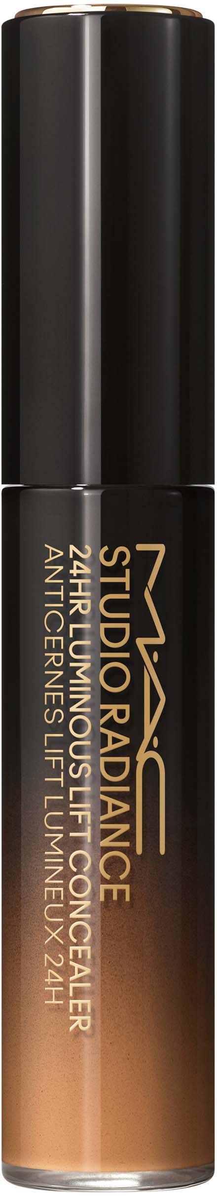 Een lippenstift met zwarte dop en goudkleurige body, gemerkt 'NXY Studio Radiance Foundation'.