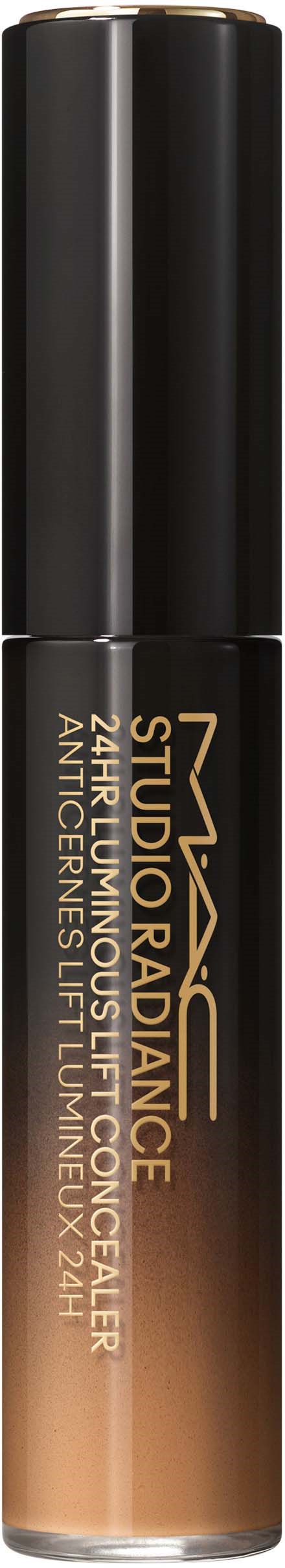 Een lippenstift met zwart deksel en een gradientlabel van donker naar licht beige met merkinformatie.