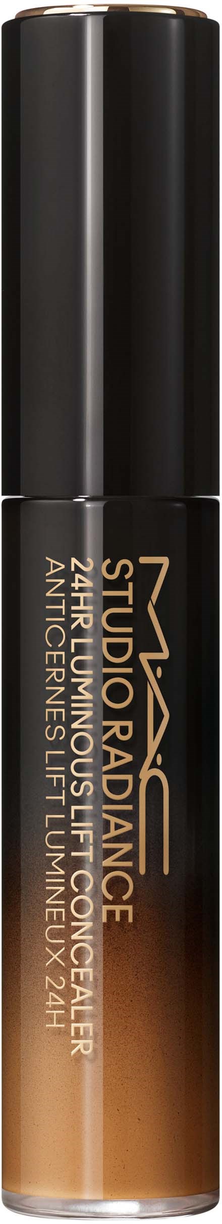 Foundationfles met zwarte dop, gemarkeerd NYX Studio Radiance. Het is een vloeibaar make-upproduct.