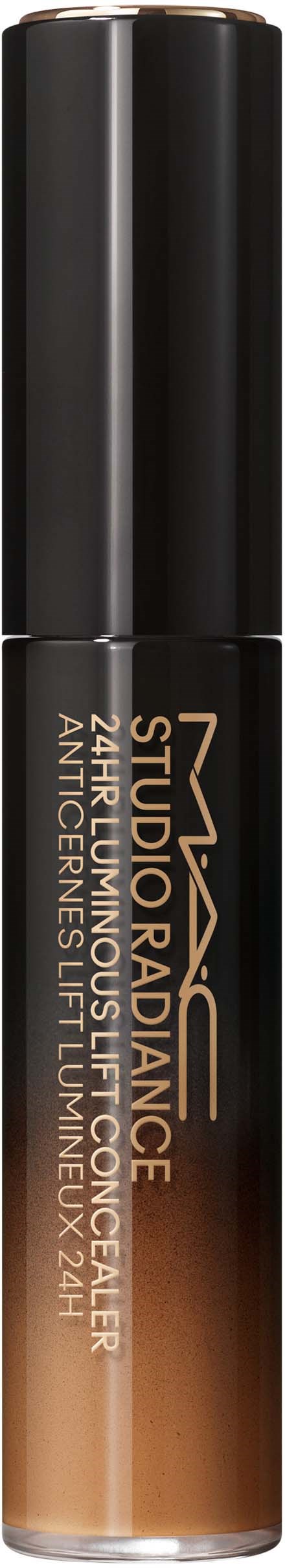 Een lange zwarte en bruine fles met label waarop 'NXY Studio Radiance' en informatie over make-up concealer.