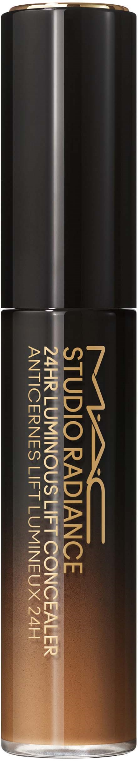 Een lippenstiftverpakking met zwarte dop en een kleurverloopbasis, gemarkeerd met 'Studio Radiance 24K' in gouden letters.
