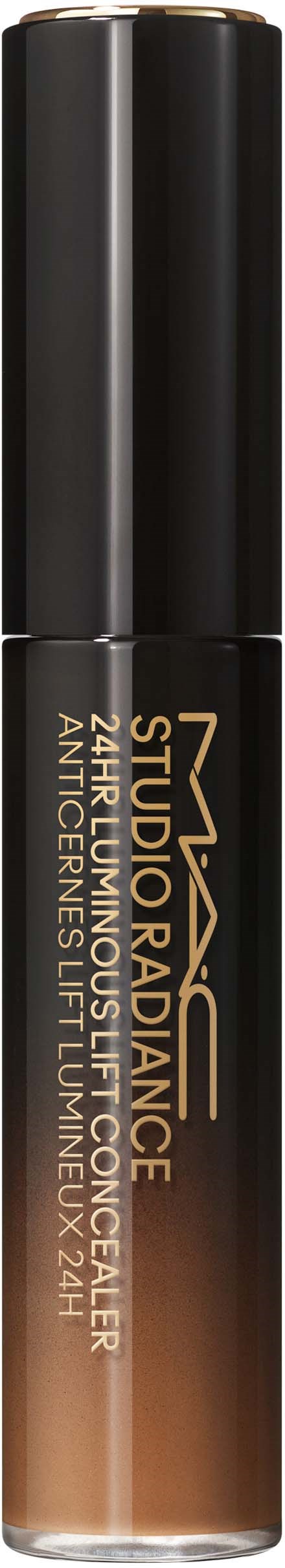 Een make-up-stift met zwarte dop, gouden en zwarte label en een verloopbruine body.