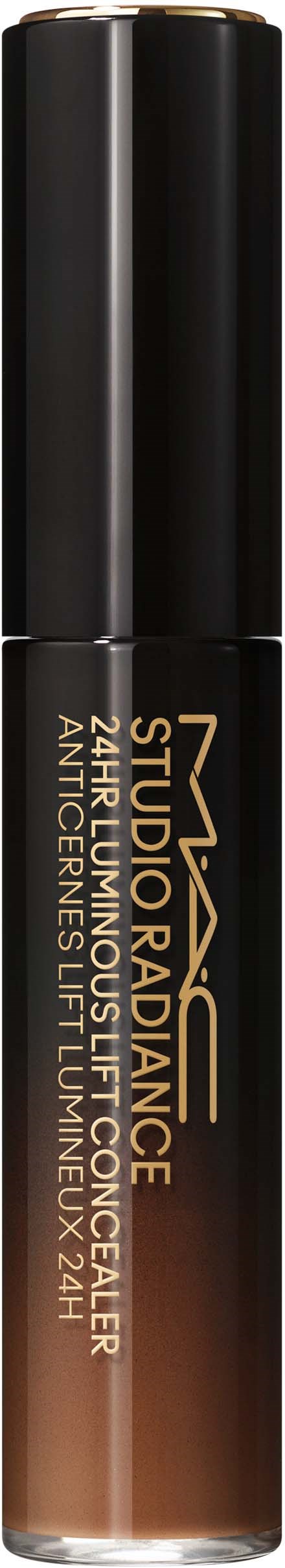 Dit is een fles MAC Studio Fix vloeibare foundation. Het is zwart met gouden tekst.