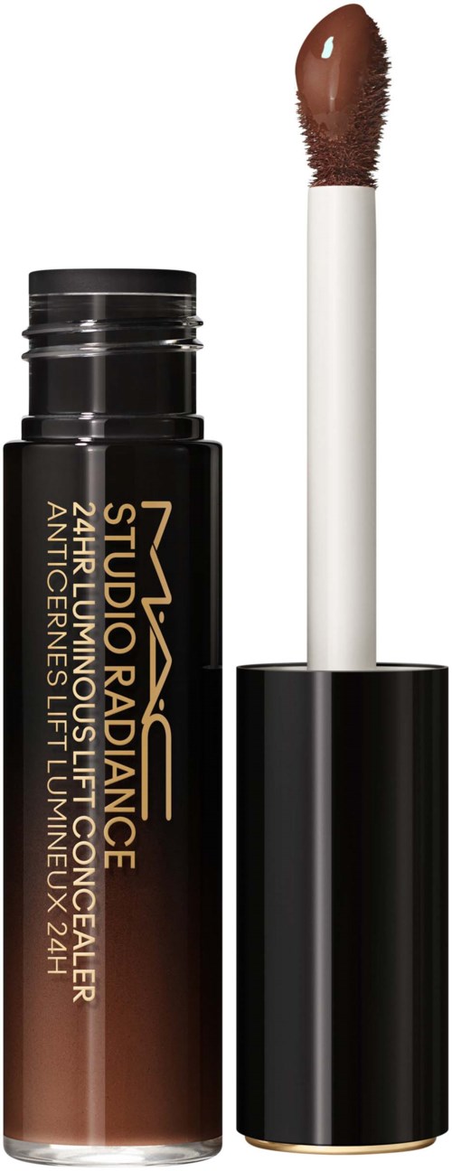 Lippenbalsem tube met open applicator en bruinachtig kleur. Zwart deksel en goudkleurige tekst.